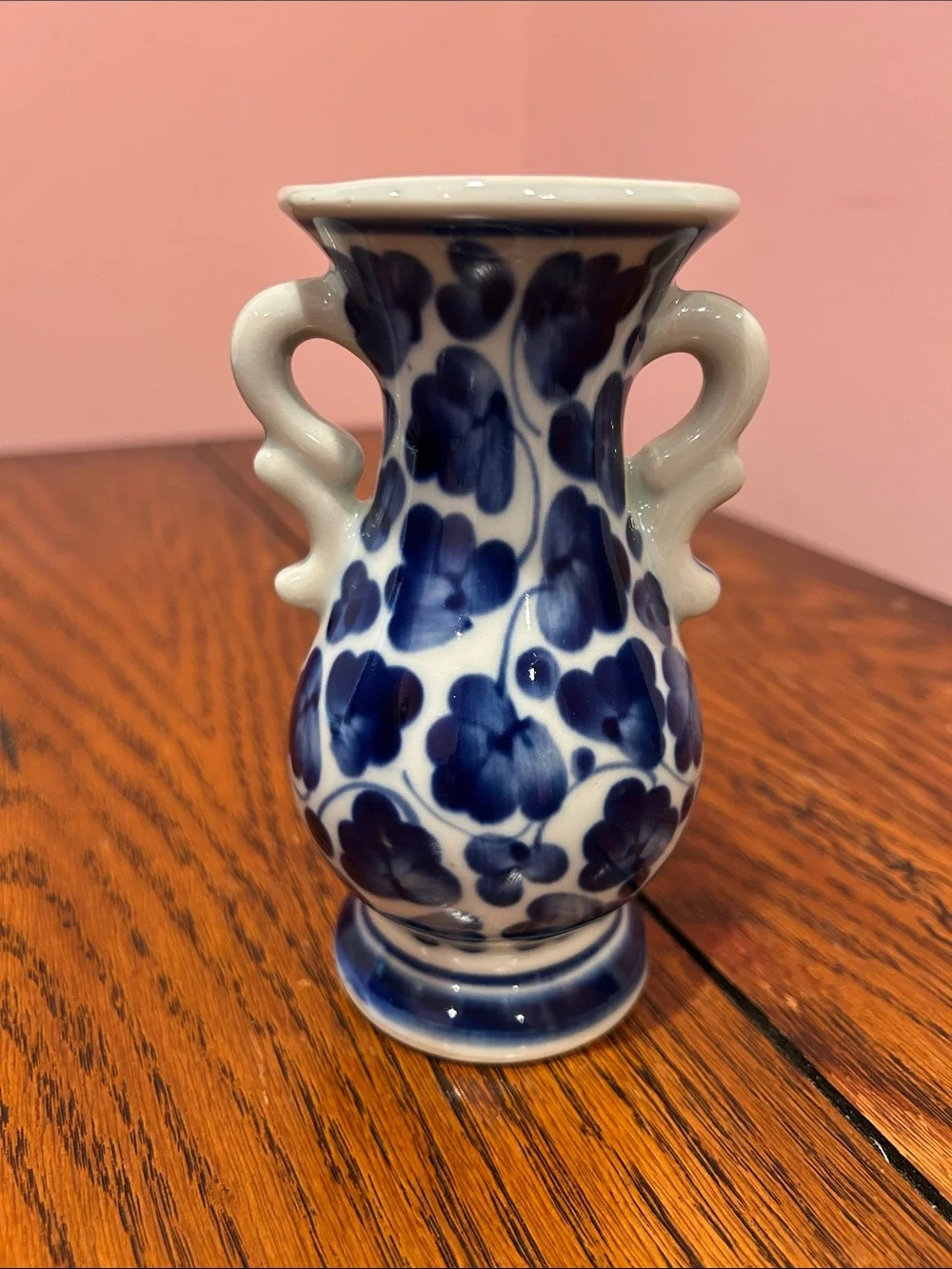 Blue and White Ceramic Mini Vase with Double Handles